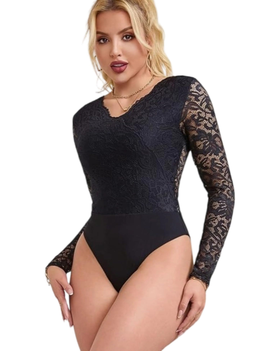 comeondear Sexy Body für Damen Grosse Grössen Langarm Oberteile Spitze V-Ausschnitt Overall Bodysuit