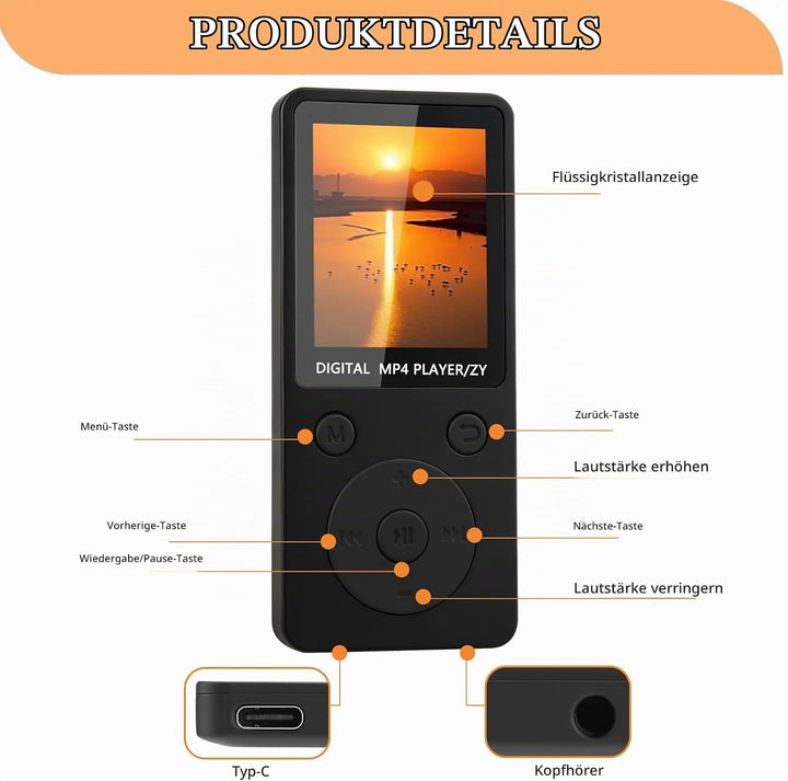 MP3 Player Bluetooth 5.3 mit 32 GB Speicher, MP3 Player mit Lautsprecher, 1,8 Zoll HiFi Music Player