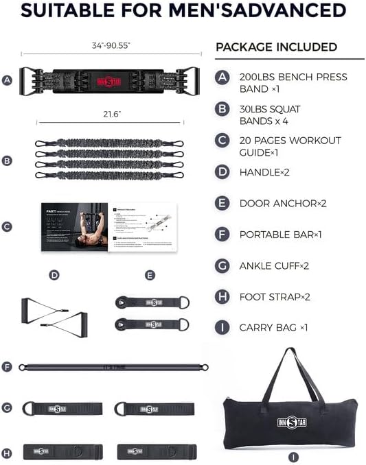 INNSTAR Tragbares Home Gym 3.0 Set, Widerstandsbänder Krafttraining mit Stange, Bankdrücken Brusttra