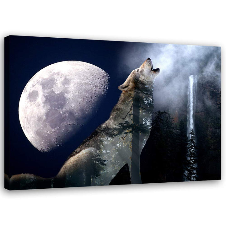 Feeby Bild auf Leinwand Wolf Kunstdruck modern Mond Blau 80x60 cm Leinwandbild 80x60 cm Blau_c, Lein