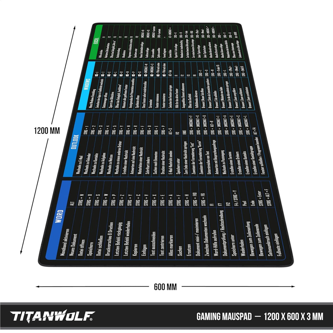 TITANWOLF - XXL Speed Gaming Mauspad 1200 x 600mm - Excel Windows Outlook Word Shortcut Tastenkürzel