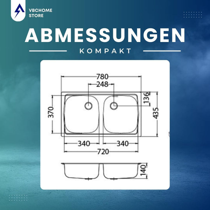 VBChome Doppelbecken Einbauspüle mit Hahnloch 78 x 44 cm Camping Küchenspüle - Leinenstruktur Alveus
