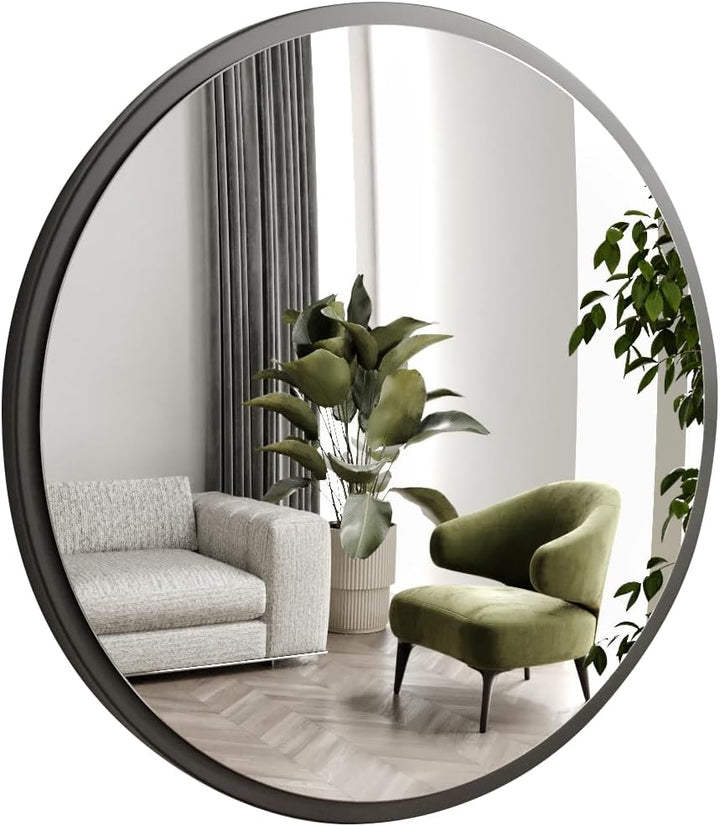 Gozos Moderner Industrial Spiegel Obejo, Schwarz - Runder Wandspiegel mit hölzerner Unterseite und i
