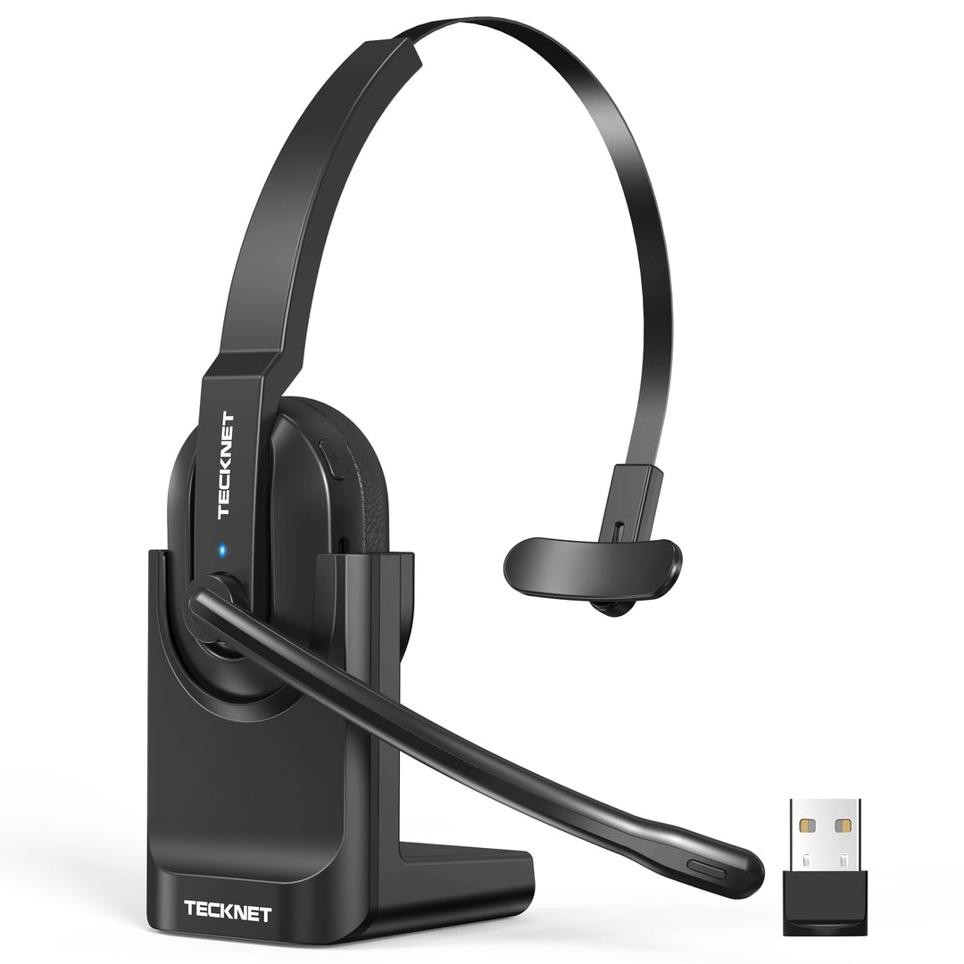TECKNET V5.2 Bluetooth Headset mit Mikrofon, Wireless Headset mit Ladestation, MIC ENC Noise Cancell