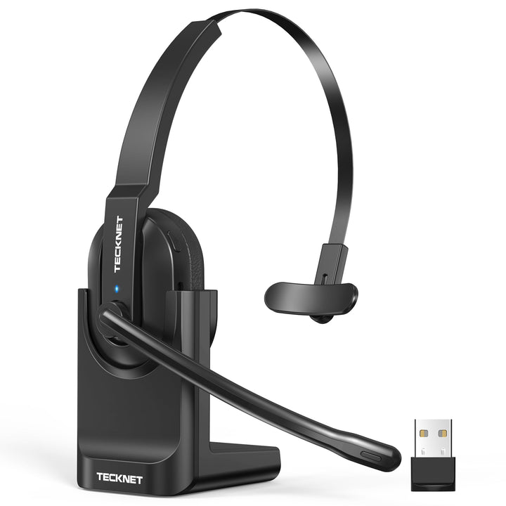 TECKNET V5.2 Bluetooth Headset mit Mikrofon, Wireless Headset mit Ladestation, MIC ENC Noise Cancell