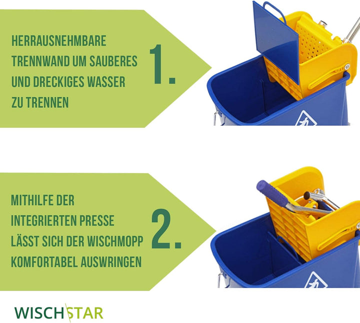 Wisch-Star Reinigungswagen mit Presse, 40x27x35cm mit 19 Liter Putzeimer mit Auswringer, Profi Putzw