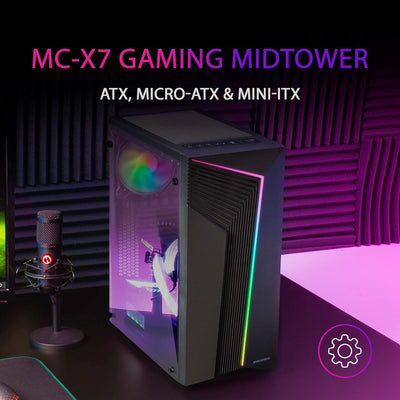 MarsGaming MC-X7 Schwarz, PC Gaming ATX Gehäuse, ARGB Front, 12cm RGB Lüfter, Volles Seitenfenster M