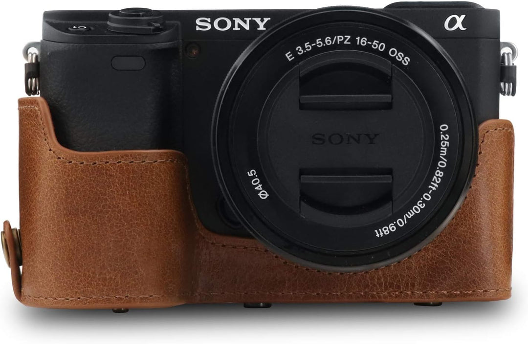 MegaGear Ever Ready Kameratasche aus echtem Leder, kompatibel mit Sony Alpha A6100, A6400 (16–50 mm)