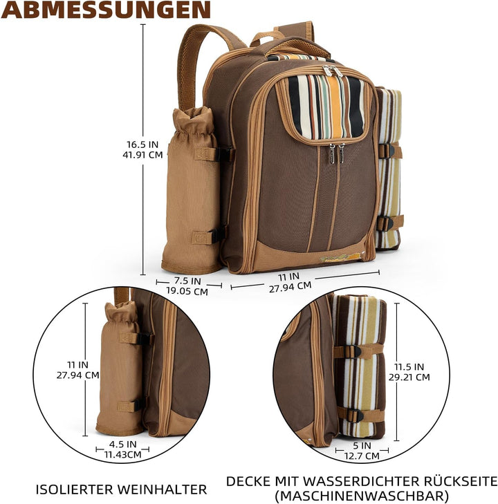apollo walker 2 Person Picknick Rucksack Hamper Kühltasche mit Geschirr Set & Decke, Braun-4