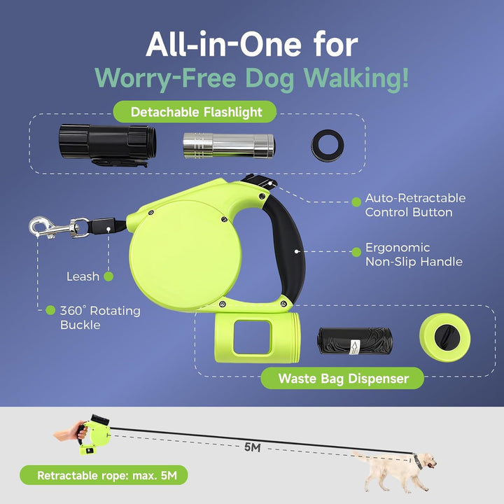 Hundeleine 5M mit Licht & Kotbeutel Set,Rollleine Hunde Leine für Mittelgrosse & Grosse Hunde (15-50