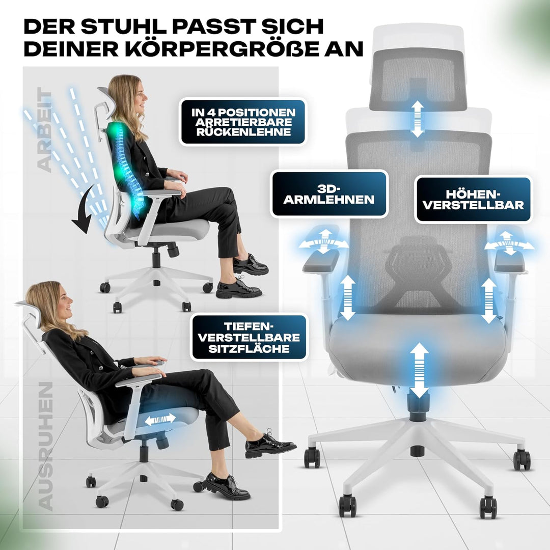 VALKENSTOL M3 Pro Ergonomischer Bürostuhl 150 kg Grau – [Höhenverstellbare Lordosenstütze] Schreibti