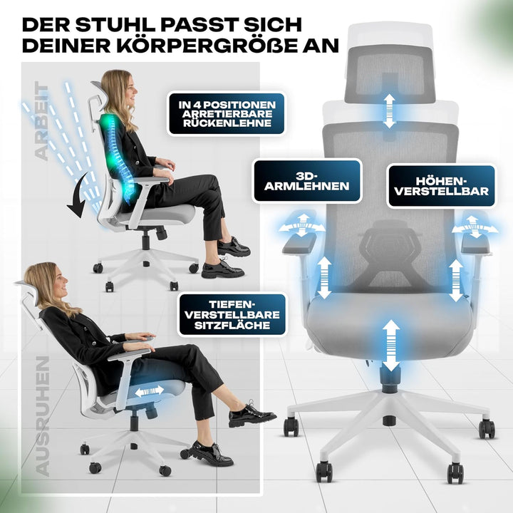 VALKENSTOL M3 Pro Ergonomischer Bürostuhl 150 kg Grau – [Höhenverstellbare Lordosenstütze] Schreibti