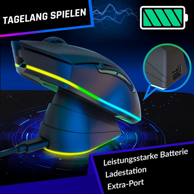 KLIM Blaze Pro Wiederaufladbare kabellose Maus - NEU 2023 - Gaming Maus mit RGB und Ladestation - Ho