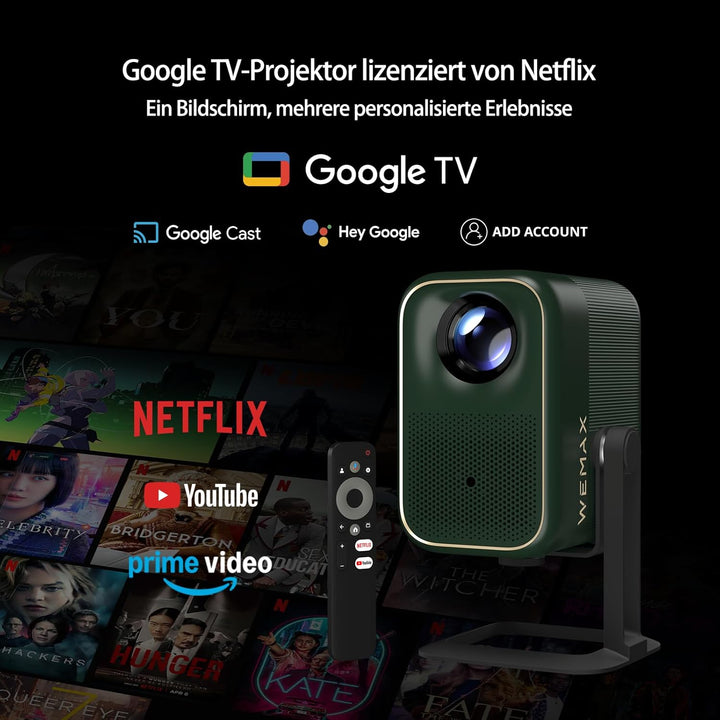 WEMAX Mini Beamer【Netflix Zertifiziert & Google TV】Tragbarer Projektor mit Ständer【4K Unterstützung