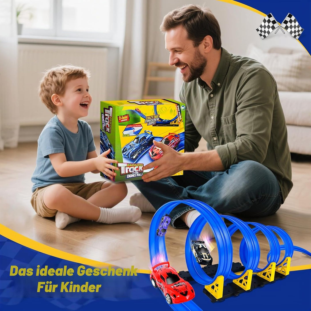 HERMORRYSS Rennbahn für Kinder, 5 Meter Autorennbahn Rennstrecke mit 6 Fahrzeuge und Rampe, Geschwin