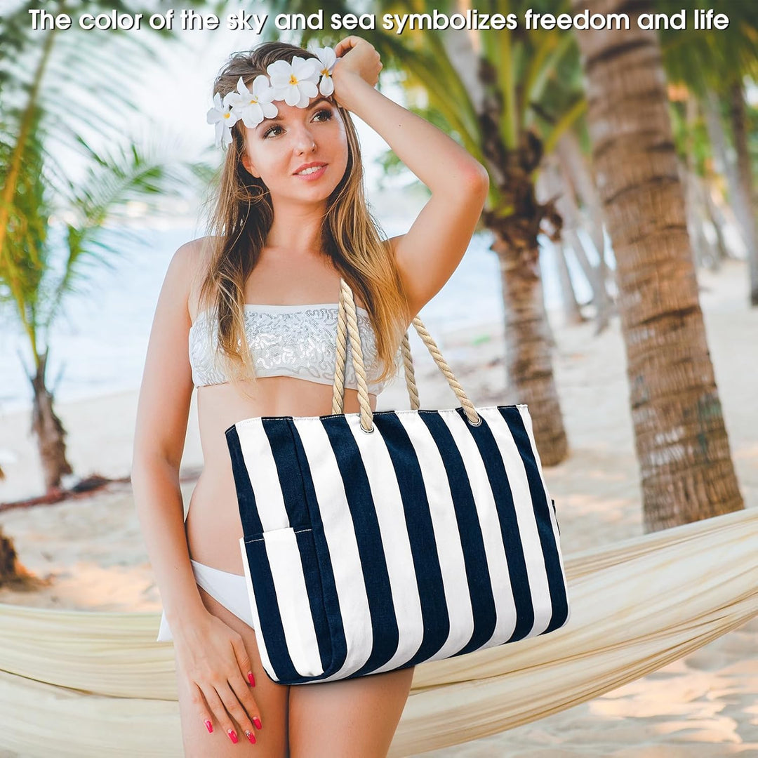oscaurt Strandtasche Badetasche Wasserdicht Streifen Strandtasche XXL Familie mit Reissverschluss mi