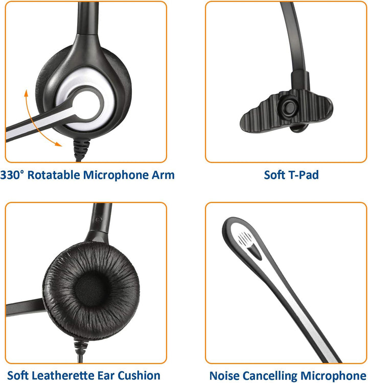 Wantek Telefon Headset RJ11 Monaural mit Noise Cancelling Mikrofon, Lautstärkeregler, Festnetztelefo