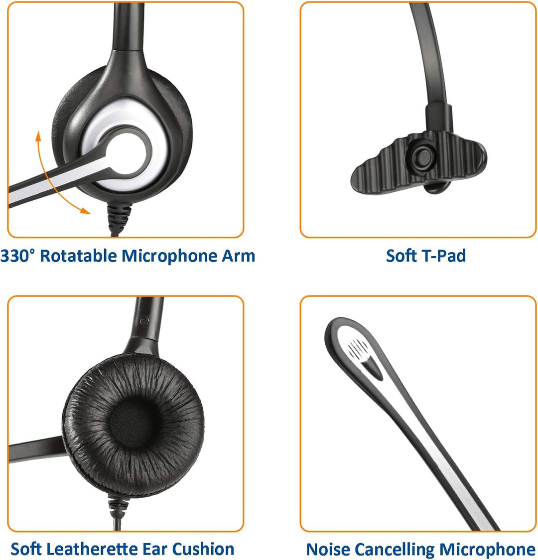 Wantek Telefon Headset Mono mit Noise Cancelling Mikrofon, Lautstärkeregler, Call Center Kopfhörer f