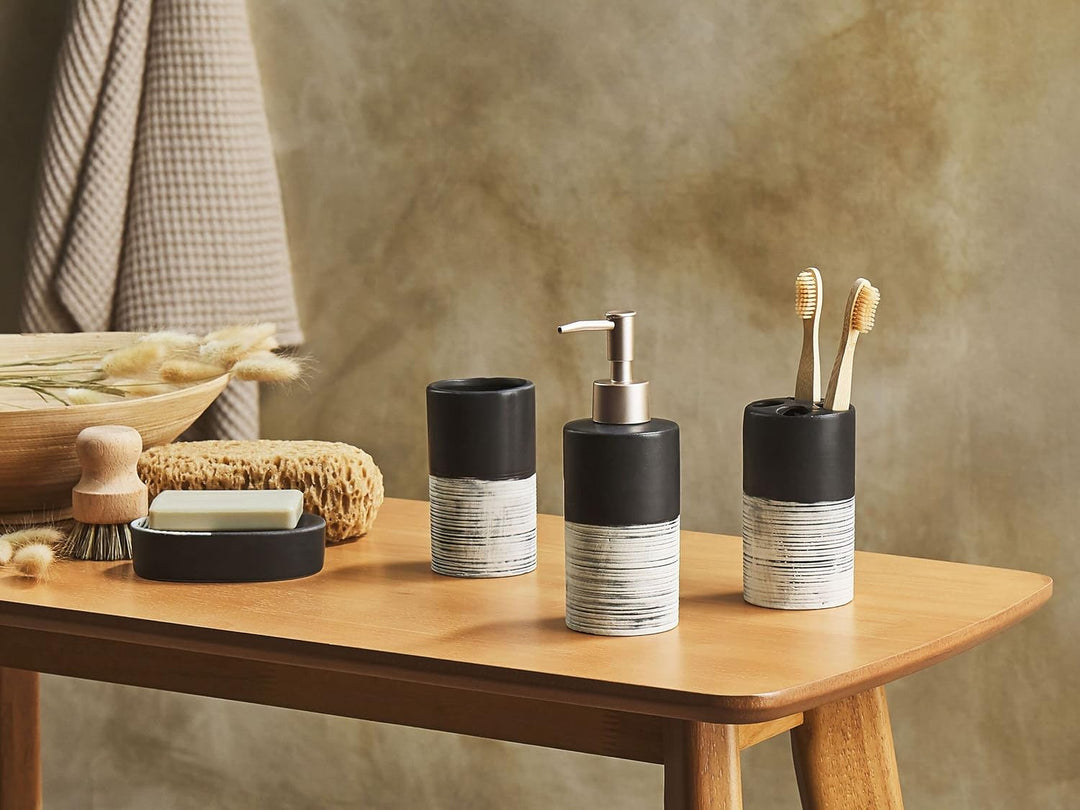 Badezimmer Set schwarz / beige 4-teilig aus Naturstein Dolomit gestreift Coro