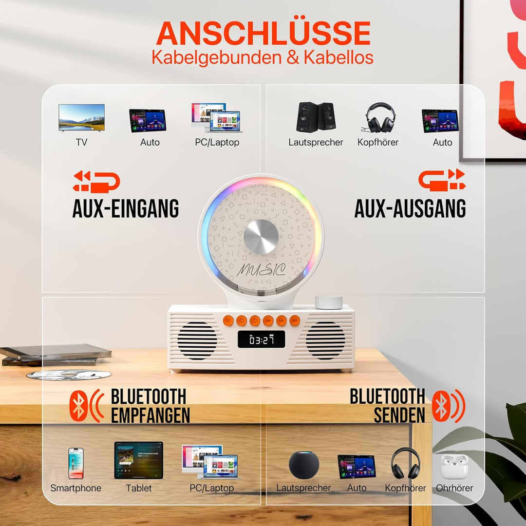 ROADOM Retro CD-Player mit Bluetooth 5.3 & Dualen Lautsprechern, 4000mAh Akku, 6-in-1 Wiedergabe (CD