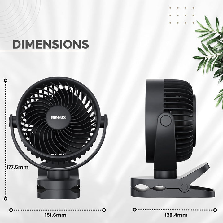 Senelux 12,7 cm Clip-On-Ventilator, wiederaufladbarer tragbarer Schreibtischventilator mit 4 Geschwi