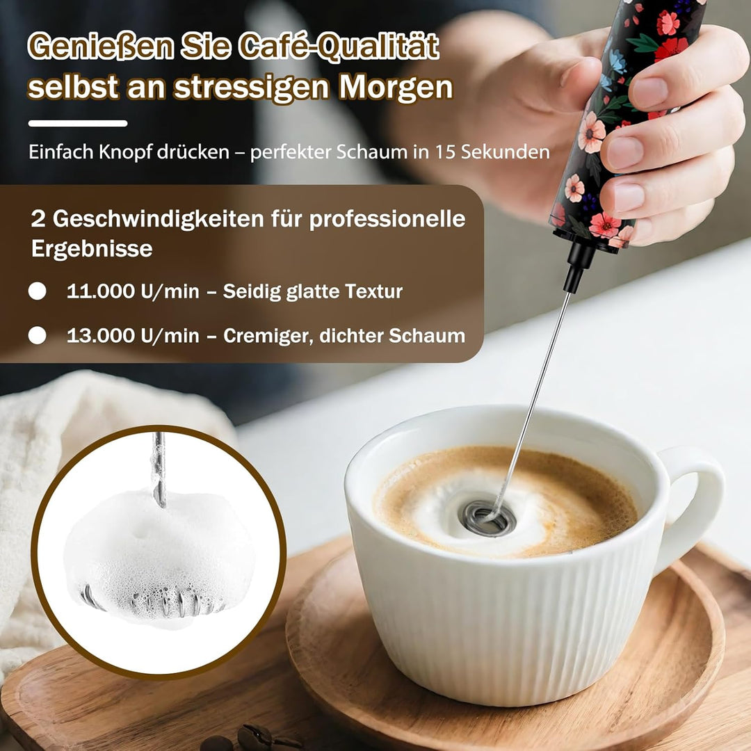 Milchschäumer Elektrisch USB-C mit 5 Wechselbaren Edelstahl-Schneebesen–2 Einstellbare Geschwindigke