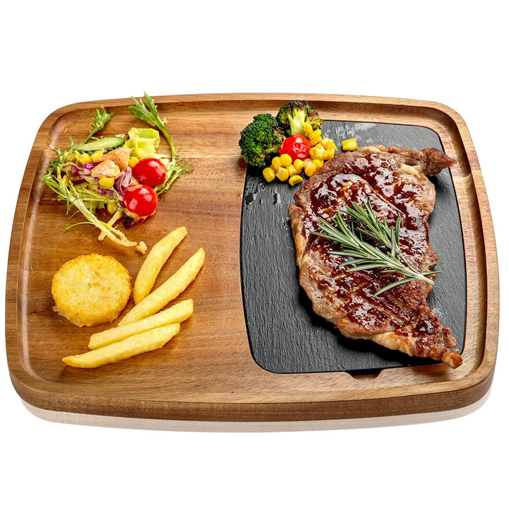 Servierbrett Set aus Akazienholz & Schieferplatte, Steakbrett Holz Schiefer Serviertablett, Servierp