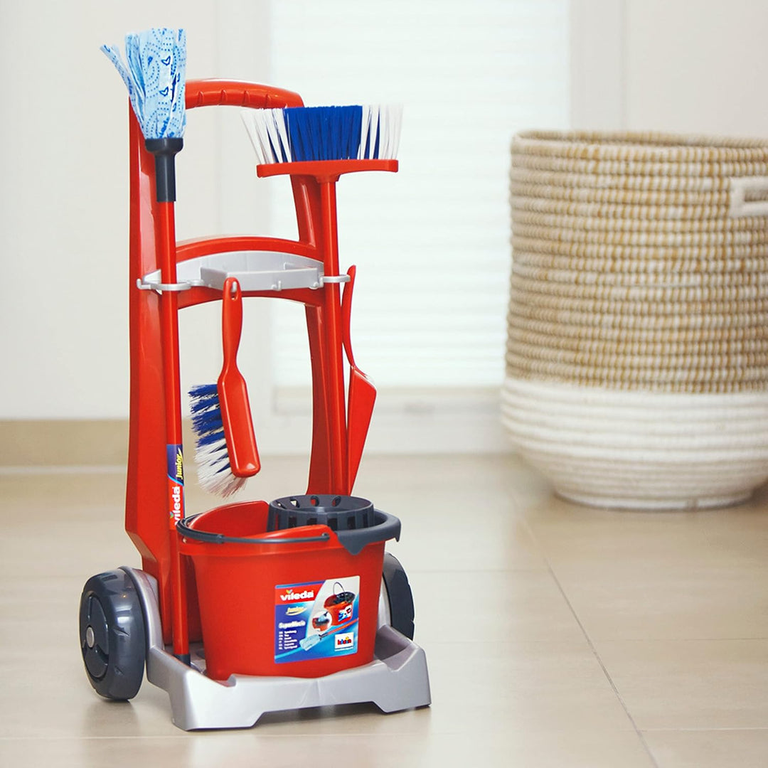 Theo Klein 6741 Vileda Besenwagen | Mit Wischmop, Eimer, Besen und vielem mehr | Vileda-Design | Mas