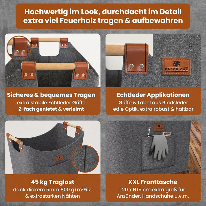 BLACK OAK Montana XL 60L Filzkorb &amp; Holzkorb für Kaminholz - Leder Applikation + rutschfeste Griffe