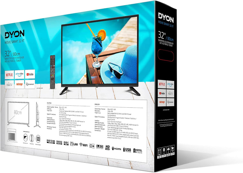 DYON Movie Smart 32 XT 80 cm (32 Zoll) Fernseher (HD Smart TV, HD Triple Tuner (DVB-C/-S2/-T2), Prim