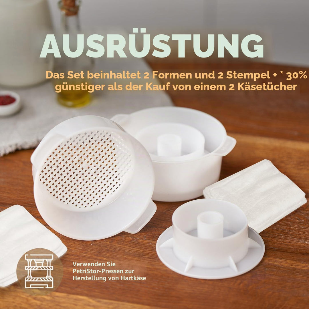 2 Käseformen mit Kolben 1,2 l und Käsetuch – Käseherstellungsset – Käseherstellungszubehör – Käseher