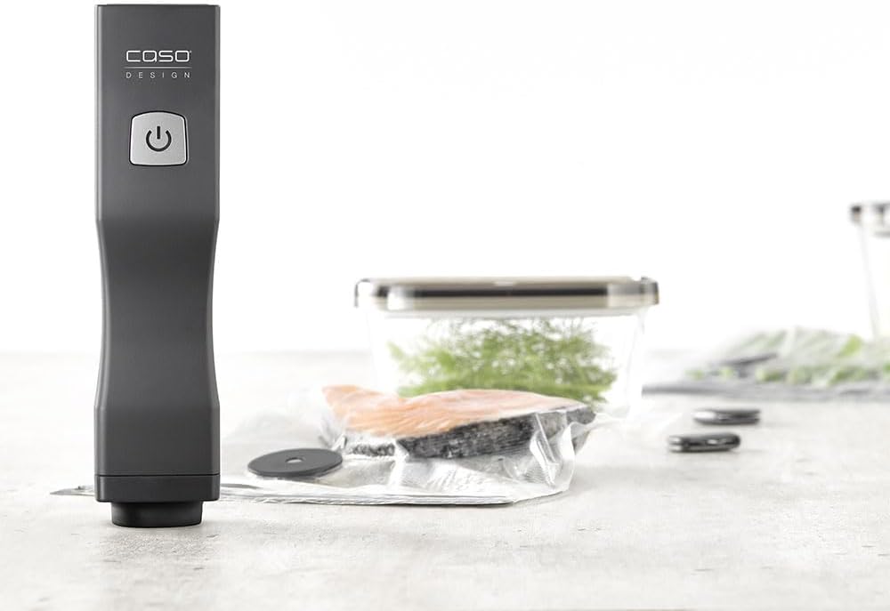CASO Vacu OneTouch Eco-Set, Handvakuumierer inkl. 3 Vakuumbehälter aus Glas, 10 ZIP-Beutel und Food