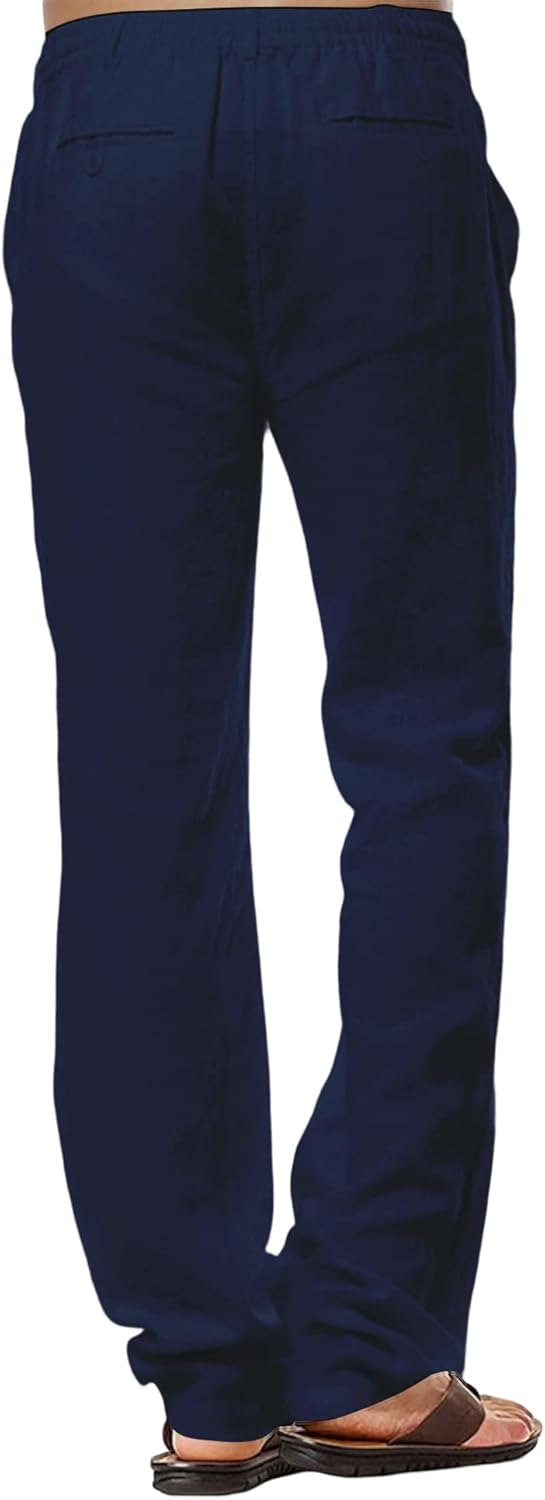 Herren-Leinenhose, lässige Baumwollhose, Sommerhose, Strandhose, leichte Hose mit Kordelzug M Marine