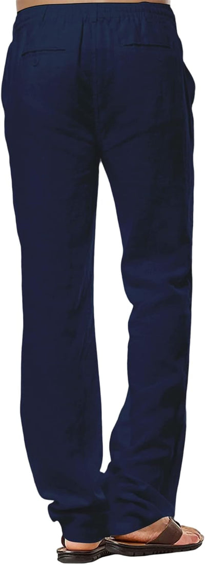Herren-Leinenhose, lässige Baumwollhose, Sommerhose, Strandhose, leichte Hose mit Kordelzug S Marine