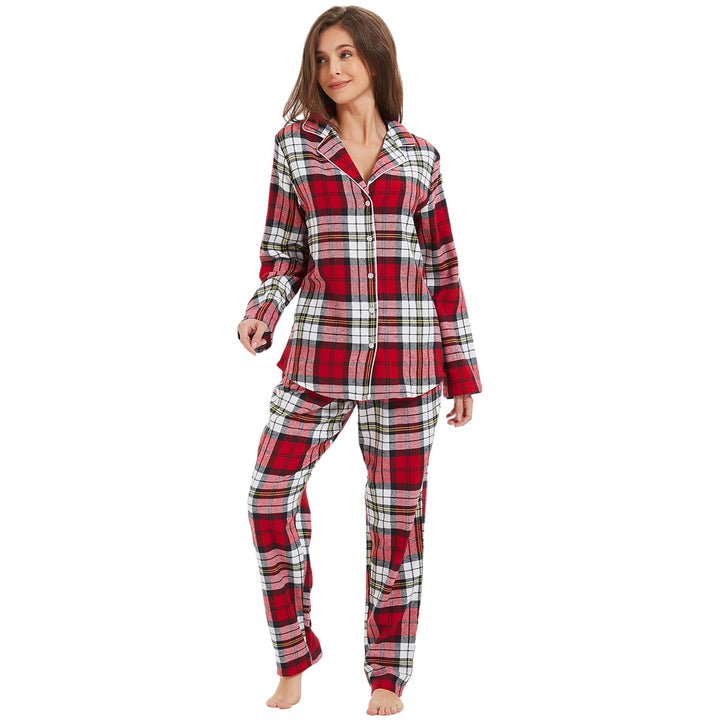 Mnemo Home Damen Schlafanzug Lang Flanell Pyjama Damen 100% Baumwolle aus Flanell Rot-weiss und Schw