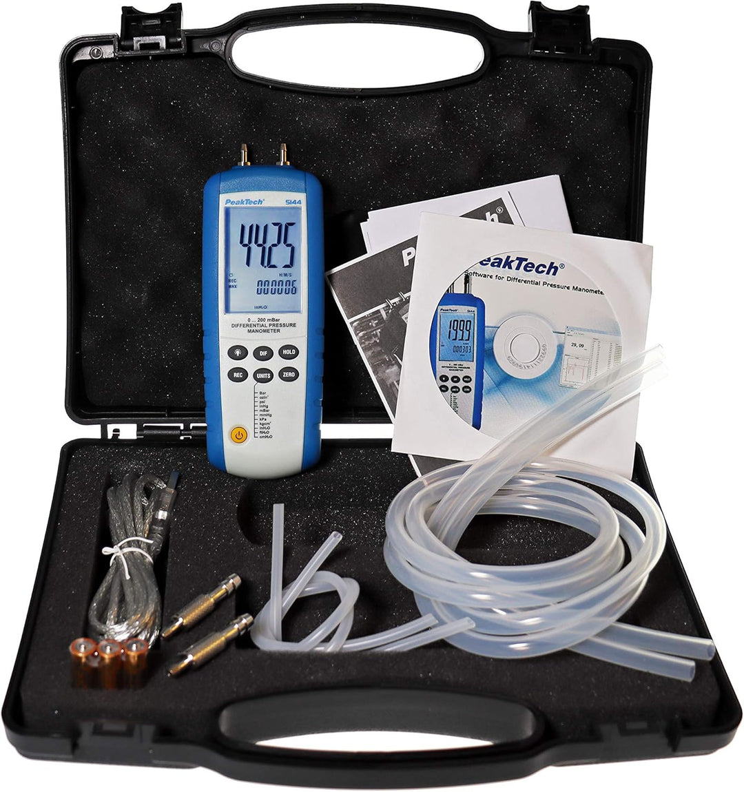 PeakTech 5144 – Digitales Manometermit Messbereich bis max. 200 mBar, Differenzdruck-Messgerät mit U