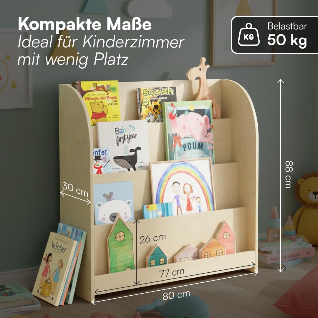 Bellabino Baru Bücherregal Kinder – Montessori Bücherregal mit 4 Breiten Fächern – Kinder Bücherrega