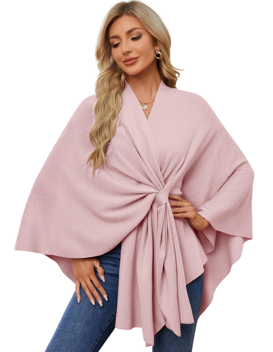 PULI Damen Elegant Poncho Strick Ponchos Capes Vorne öffnen Vielseitige Schalwickel mit Lasche Rosa,
