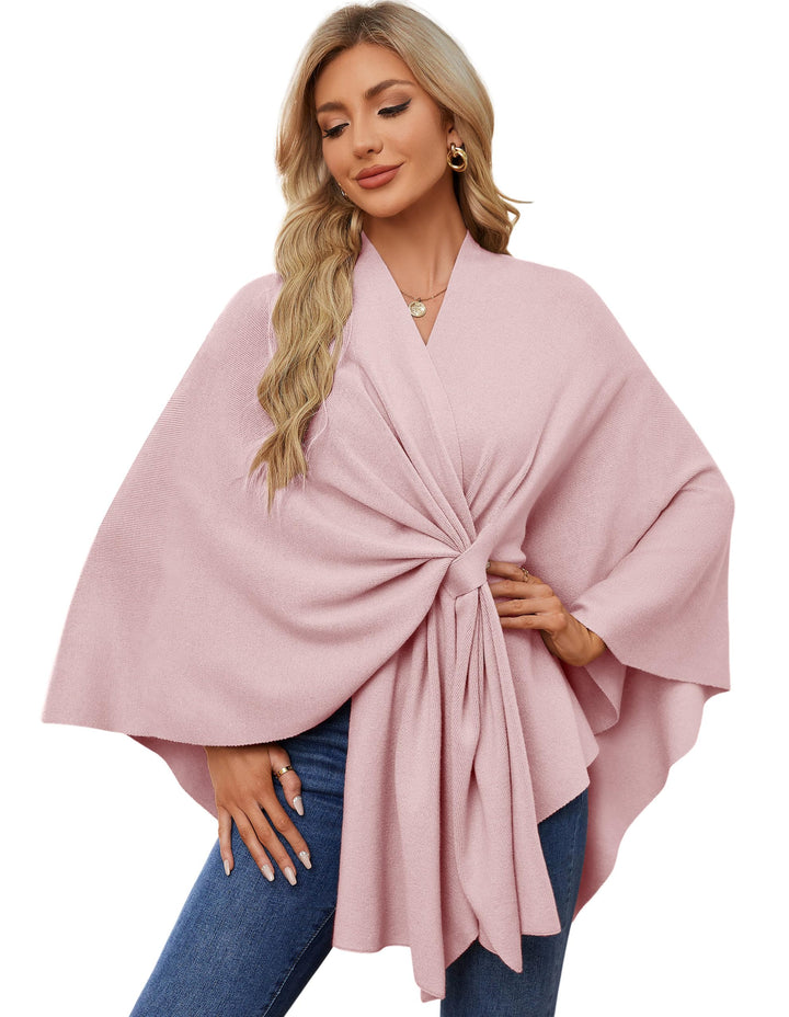 PULI Damen Elegant Poncho Strick Ponchos Capes Vorne öffnen Vielseitige Schalwickel mit Lasche Rosa,