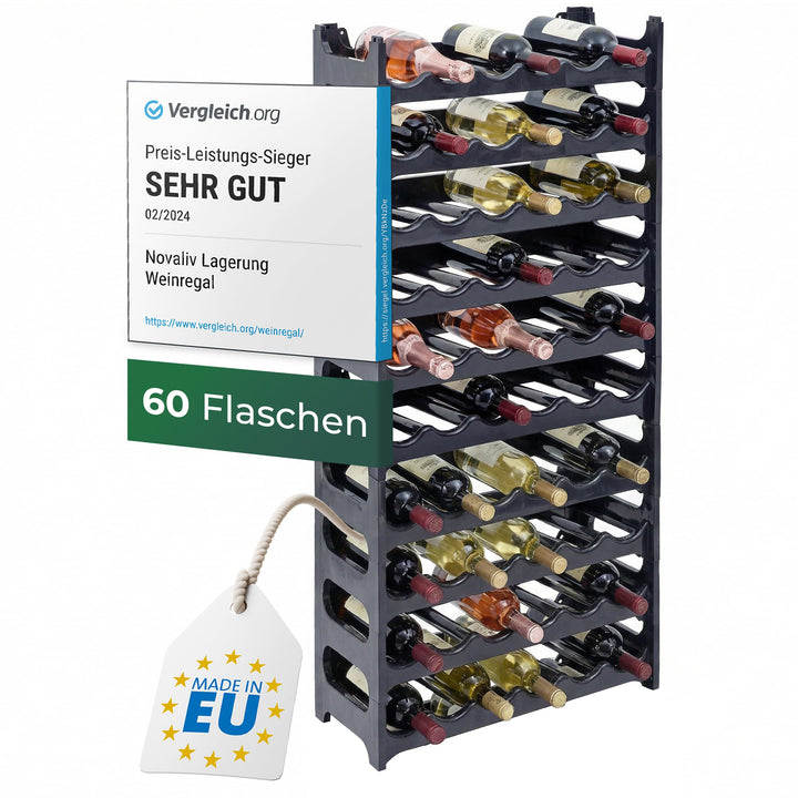 Novaliv Flaschenregal für 60 Flaschen | Weinregal grau | Regal aus stabilem Kunststoff, stapelbar (A