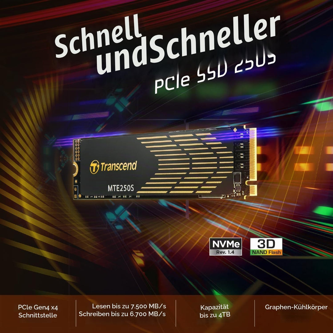 Transcend 4TB M.2 2280 PCIe Gen4x4 NVMe SSD - TS4TMTE250S 4T 22mm x 80mm x 3.77 mm, 4T 22mm x 80mm x