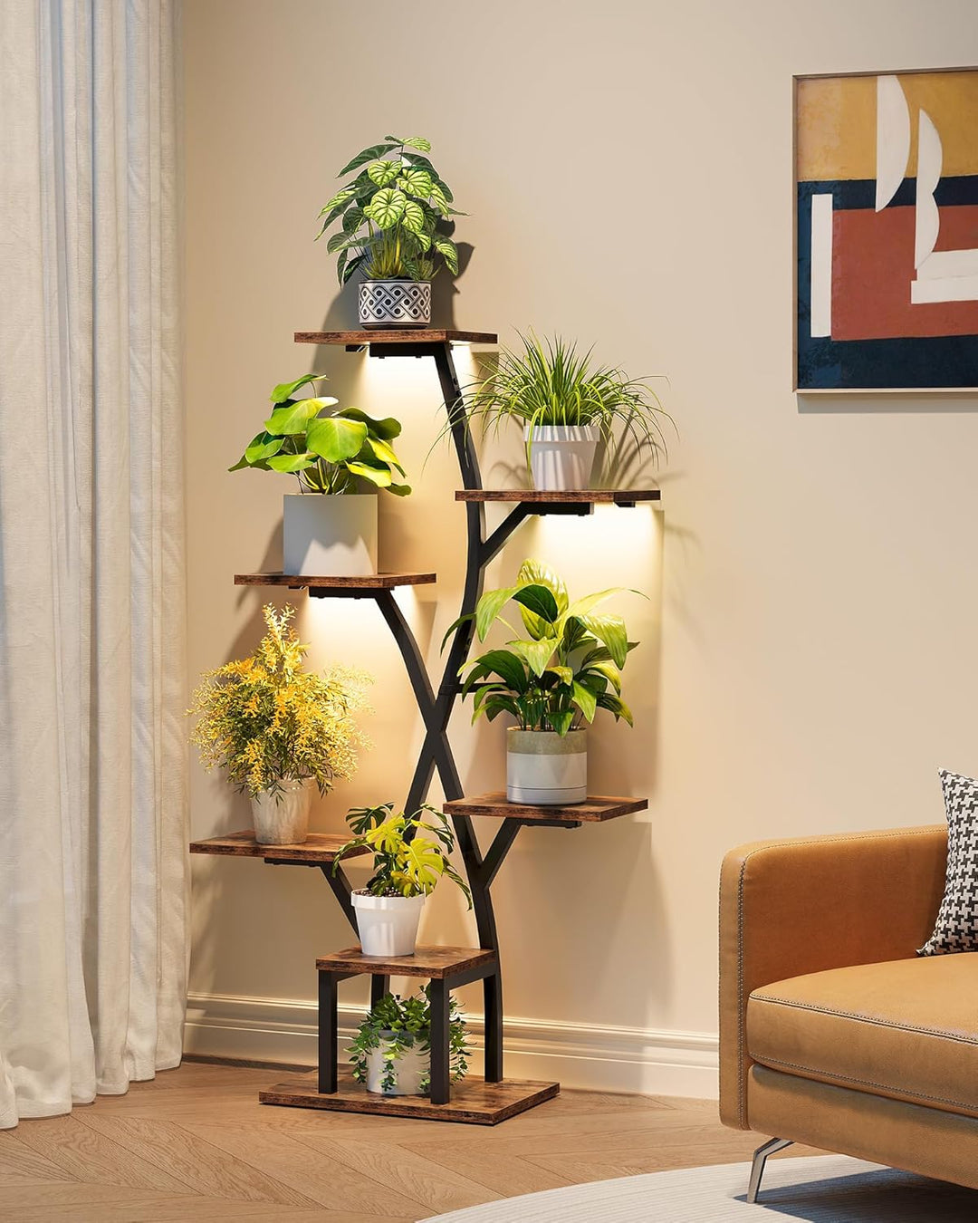 CHOEZON Blumenständer mit Pflanzenlampe, 7-stufiges Pflanzenregal aus Spanplatten, dimmbares LED Pfl