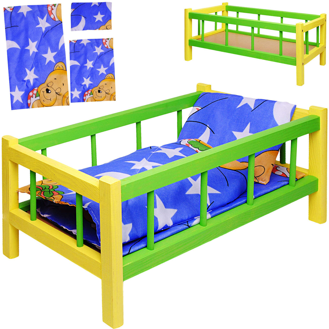 alles-meine.de GmbH Holz Puppenbett - 43 cm lang - mit Bettwäsche - Jungen & Mädchen Farben - für gr