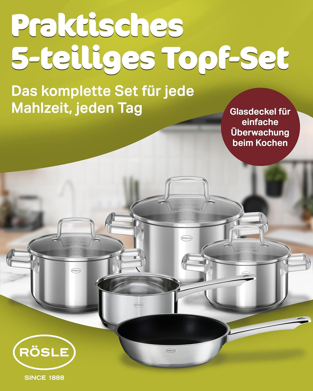 RÖSLE Moments Topfset Induktion 5-tlg. – Edelstahl Kochtopfset mit Aluminiumkern, 3 Töpfe, 1 Kassero