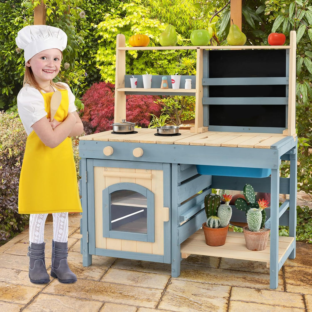 COSTWAY 2 in 1 Kinderküche & Kaufladen, Matschküche Outdoor Kinder, mit Tafel, Metallkörben, Aufbewa