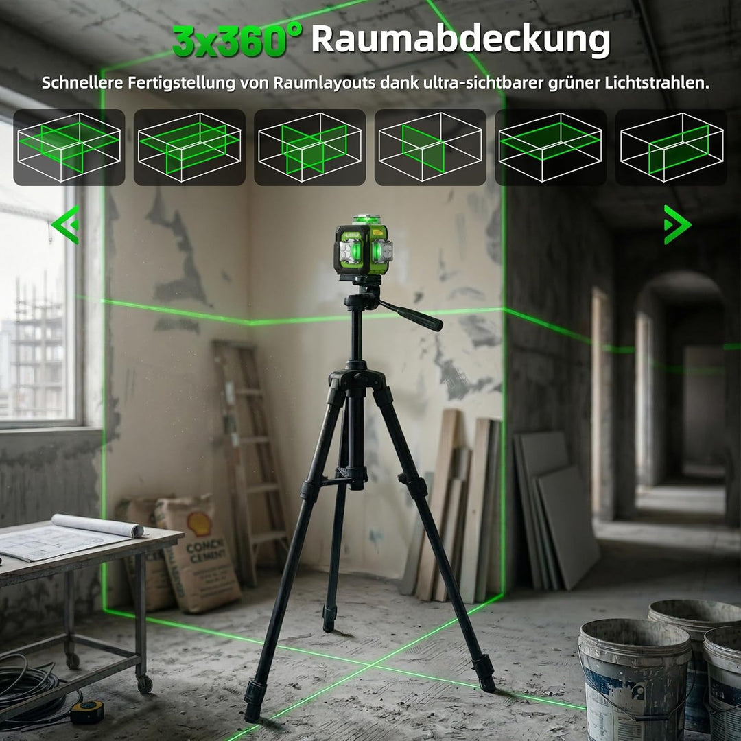 Huepar Kreuzlinienlaser 360 grün, Kompakt wiederaufladbar Laser Wasserwaage selbstnivellierendend 3x