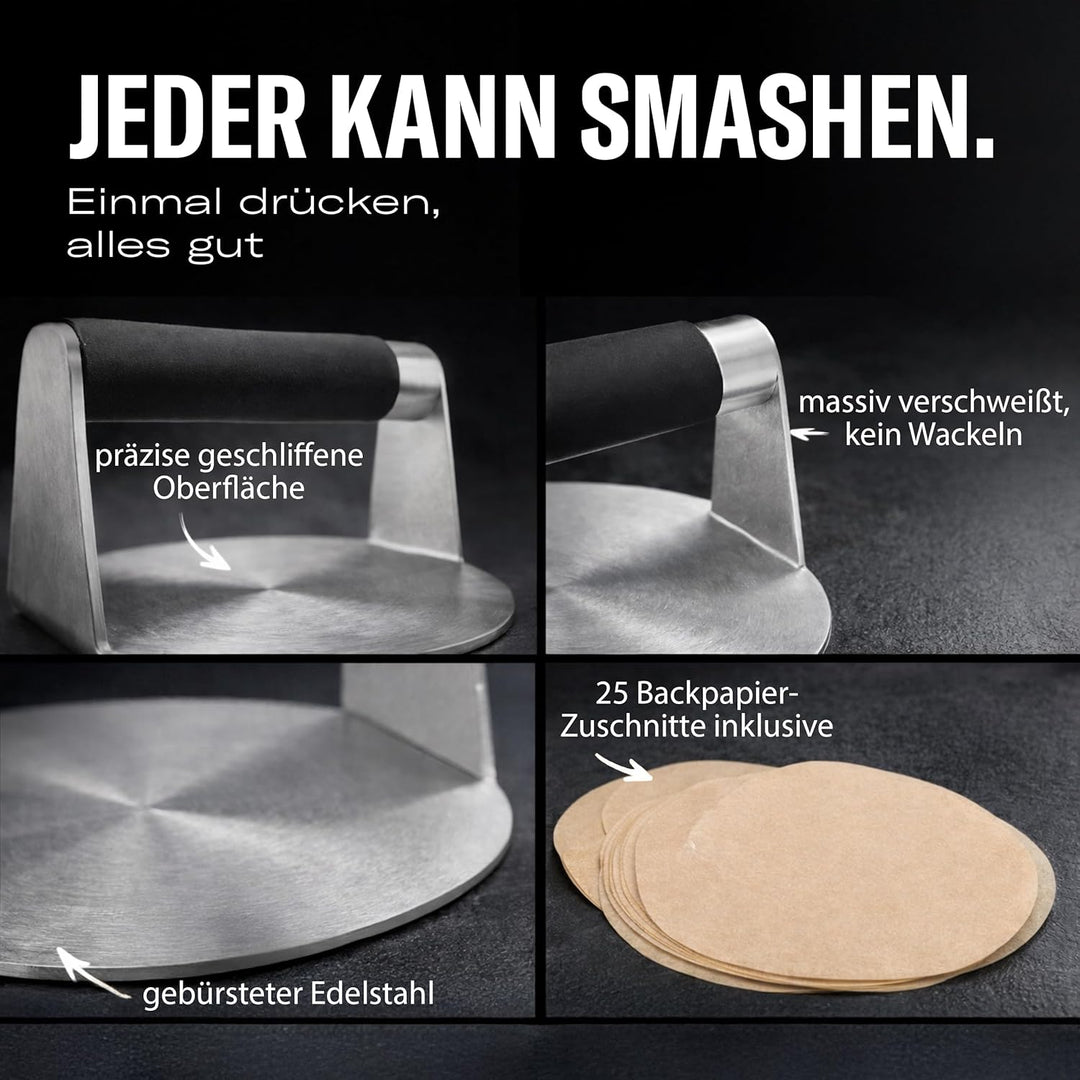 Burgerpresse Edelstahl mit Silikongriff für Smash Burger