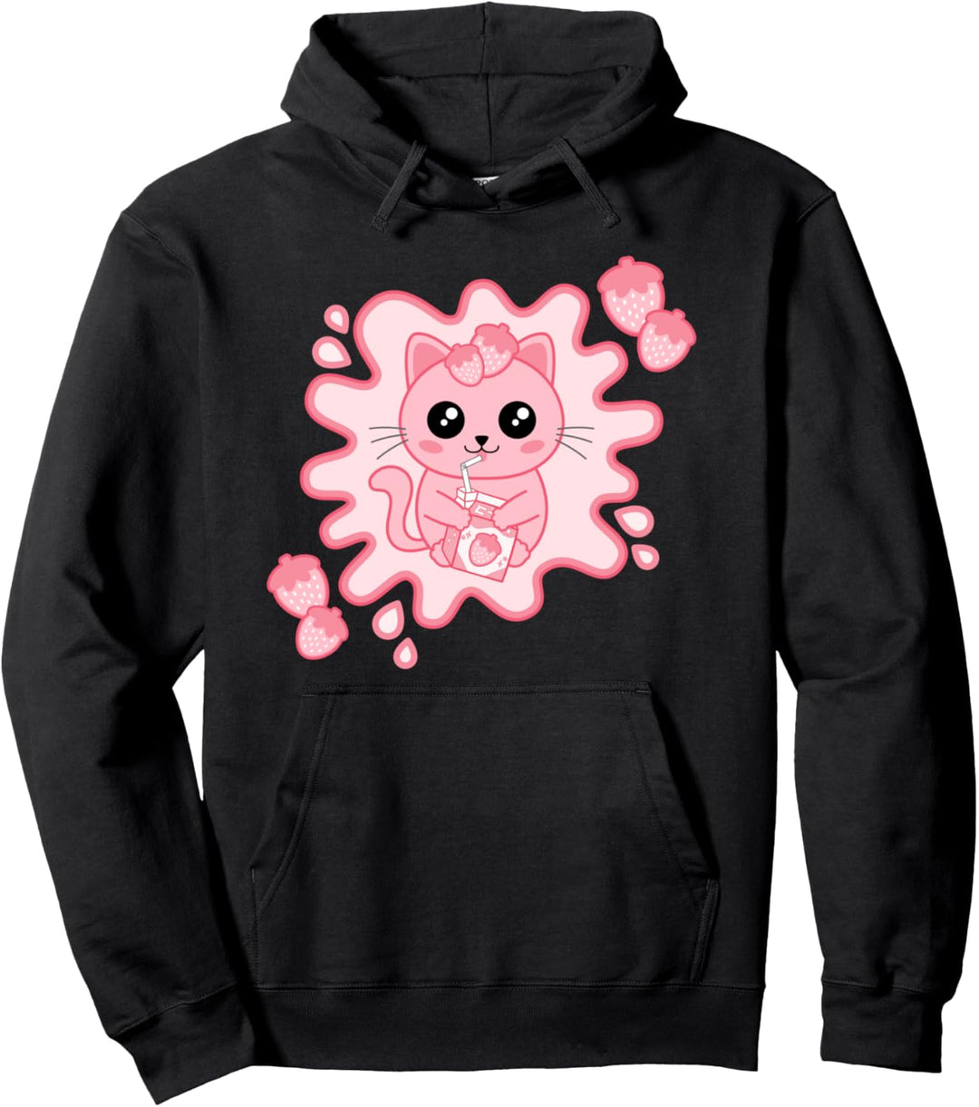 Süsse Rosa Katze Erdbeermilch Kawaii Strawberry Milk Anime Pullover Hoodie
