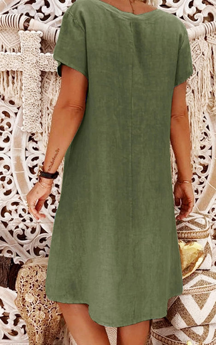Sommerkleid Damen Leinen Kleider Casual V-Ausschnitt Midikleid Kurzarm A-Linie Kleid Strandkleid Ohn