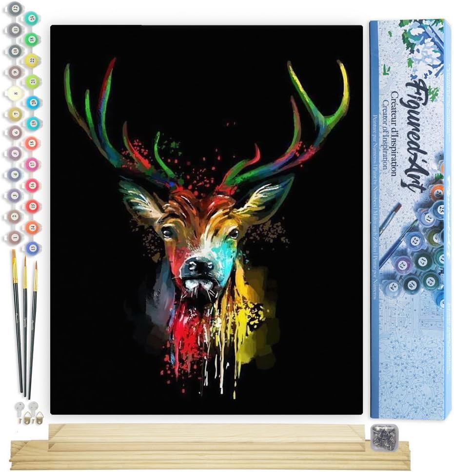 Figured'Art Malen Nach Zahlen Erwachsene Mit Rahmen Hirsch in Farbe - Paint by Numbers Basteln DIY B